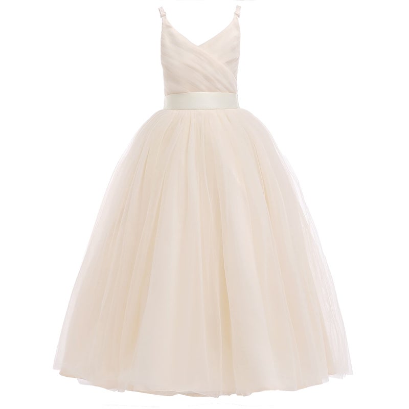 Glamulice Champagne Girls Lace Bridesmaid Dress Long A Line Wedding Pageant Dresses Tulle Spaghetti Strap Party Gown Holiday Kids Formal Flower Girl Dresses Princess Dance Maxi Ball Gown 10 Evening - Image 1